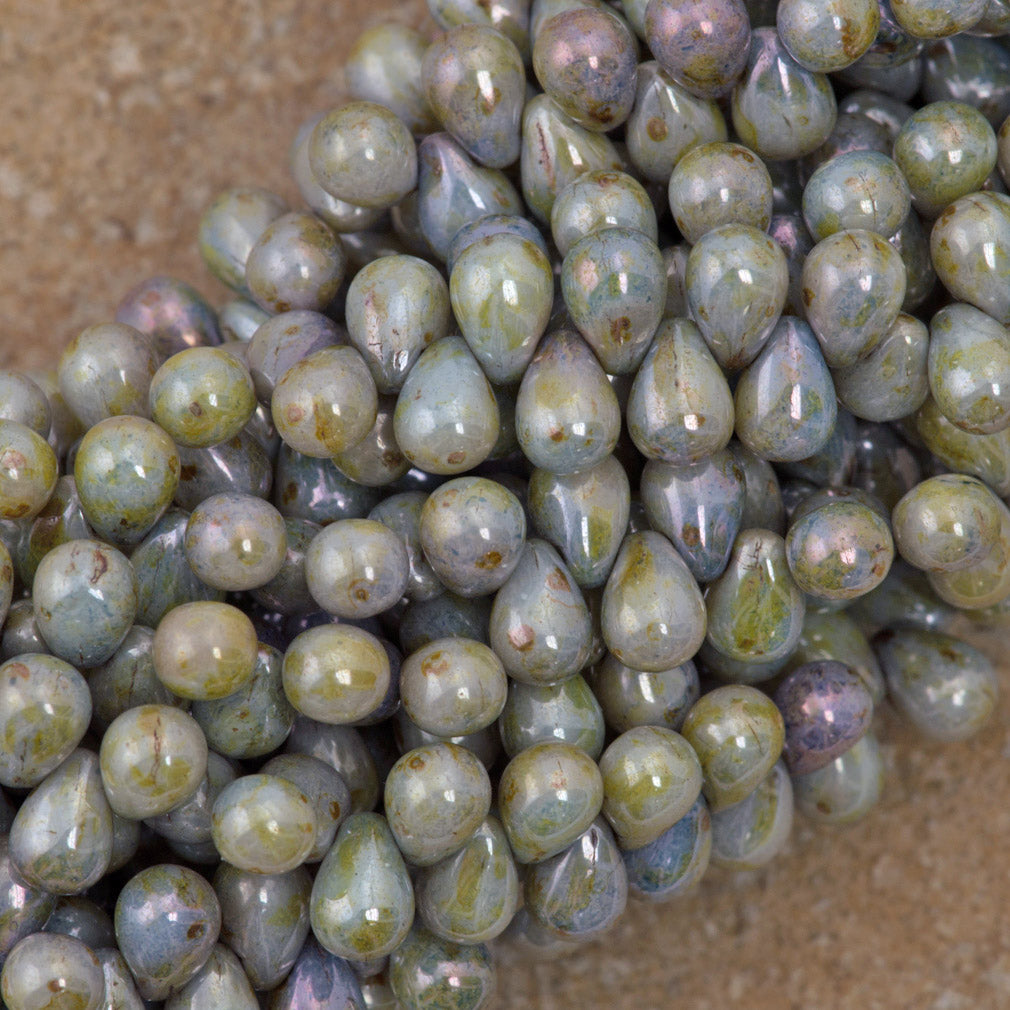 90 Czech 6x4mm Tear Drop Opaque Green Luster Beads (65431P)