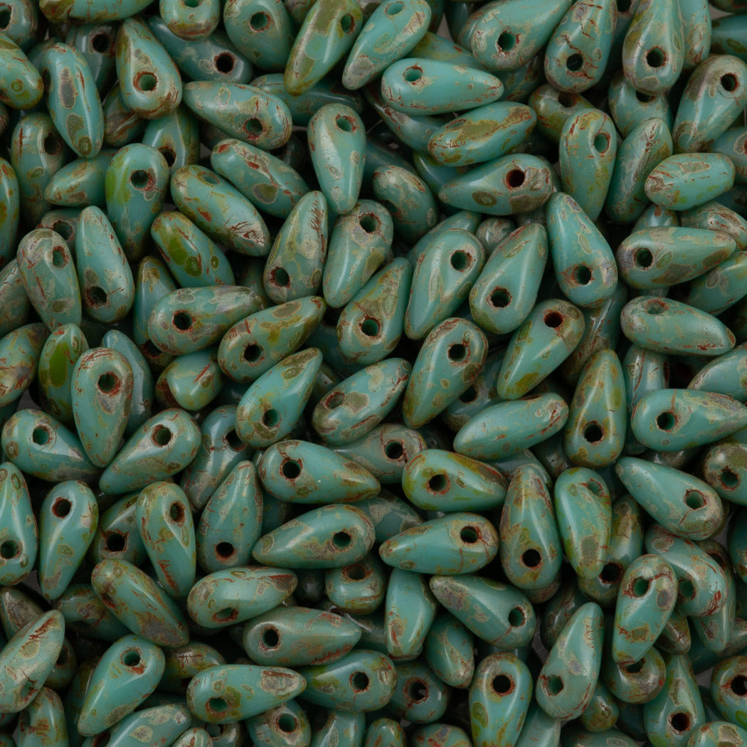 Czech Mini Dagger Persian Turquoise Bronze Picasso Beads (63150BT)