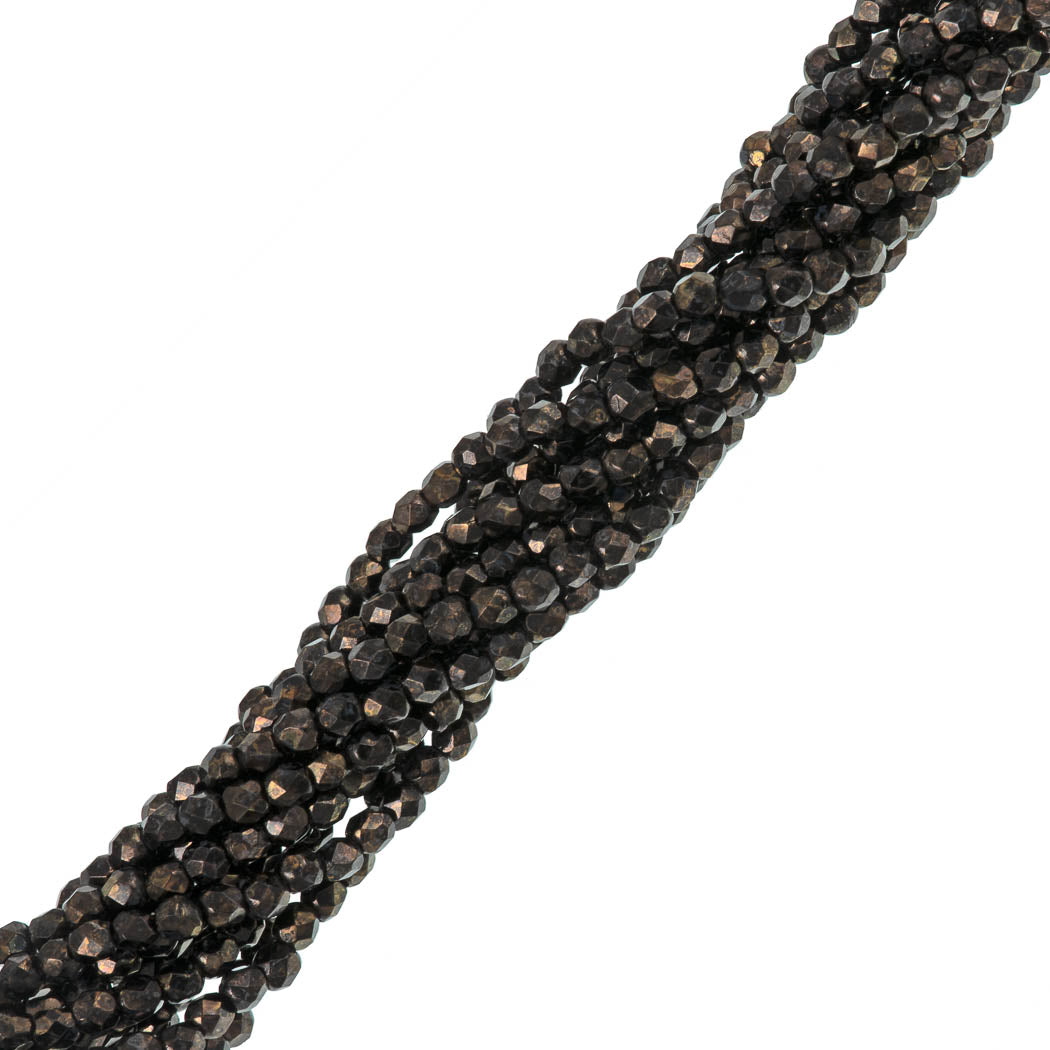100 Czech Fire Polished 2mm Round Bead Jet Bronze Picasso (23980BT)
