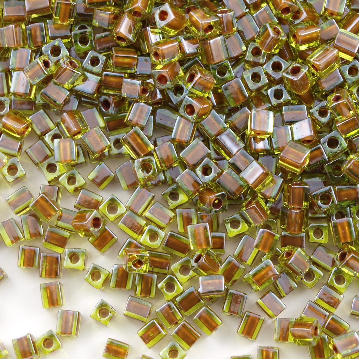 Miyuki 4mm Cube Seed Bead Inside Color Lined Peridot Brown 15g (2633)