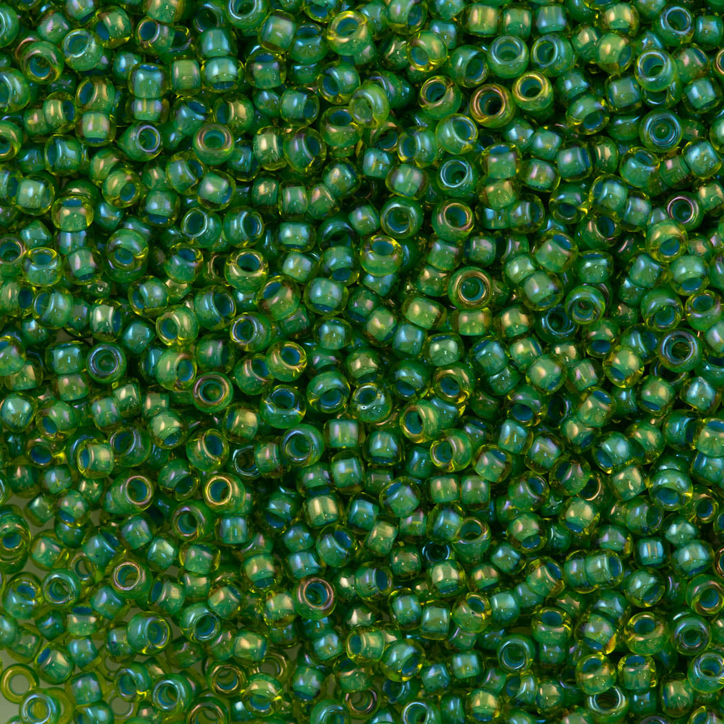 50g Toho Round Seed Bead 11/0 Yellow Inside Color Lined Lime Green (947)