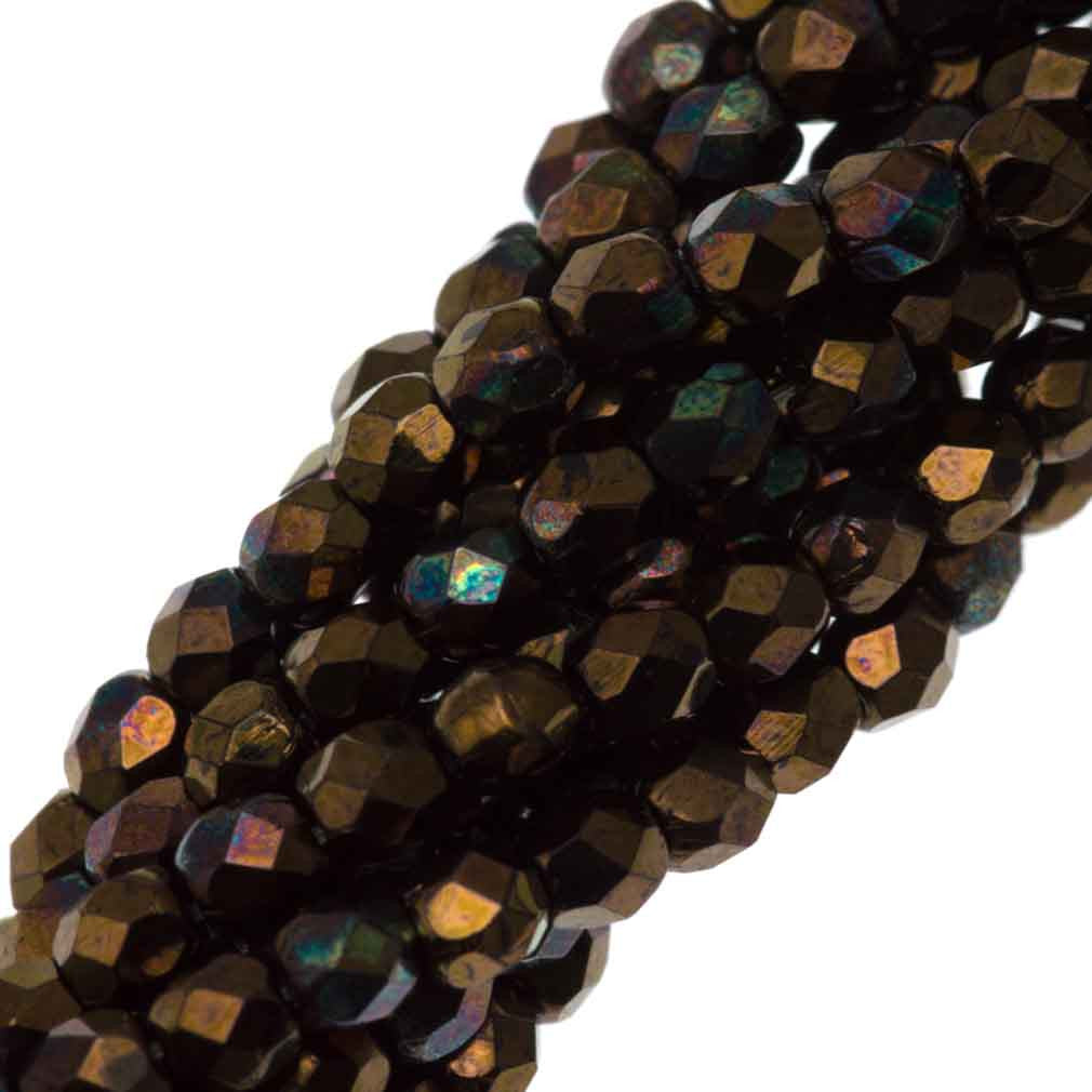100 Czech Fire Polished 3mm Round Bead Bronze Vega Jet (23980Y)