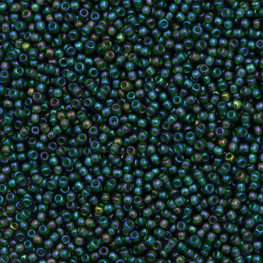 Toho Round Seed Bead 11/0 Montana Blue Inside Color Lined Green AB 19g Tube (384)