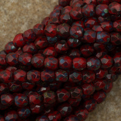 100 Czech Fire Polished 3mm Round Bead Opaque Red Picasso (93200T)