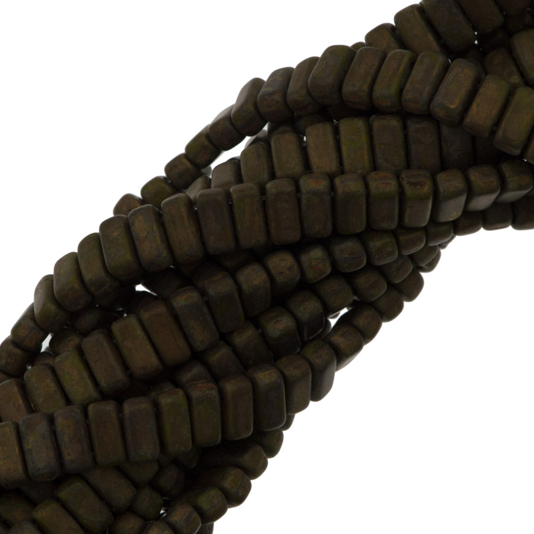 50 CzechMates 3x6mm Two Hole Brick Beads Opaque Olive Copper Picasso (53420CT)