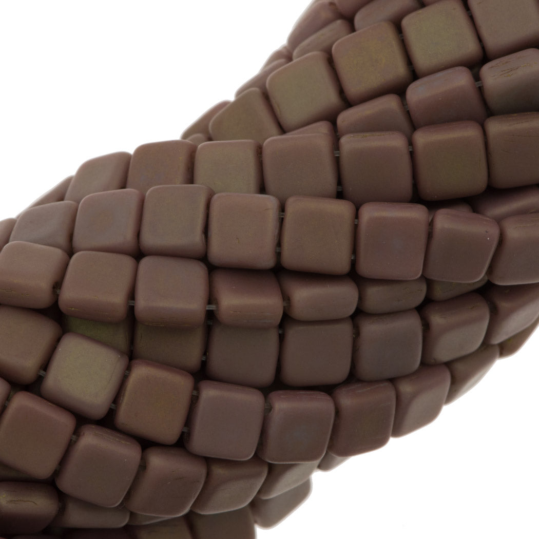 50 CzechMates 6mm Two Hole Tile Beads Matte Ashen Grey Rosaline Luster (43020MK)