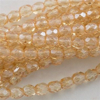 50 Czech Fire Polished 8mm Round Bead Transparent Champagne Luster (14413)