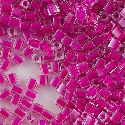 Miyuki 4mm Cube Seed Bead Inside Color Lined Fuchsia 10g (209)