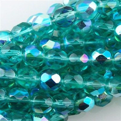 50 Czech Fire Polished 8mm Round Bead Light Teal AB (60210X)