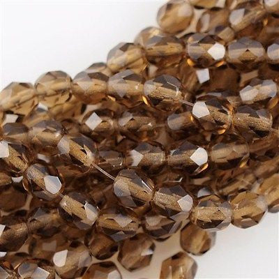50 Czech Fire Polished 8mm Round Bead Smoky Topaz (10230)