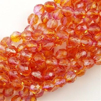 50 Czech Fire Polished 8mm Round Bead Dual Coated Fuchsia Cantaloupe (48016)