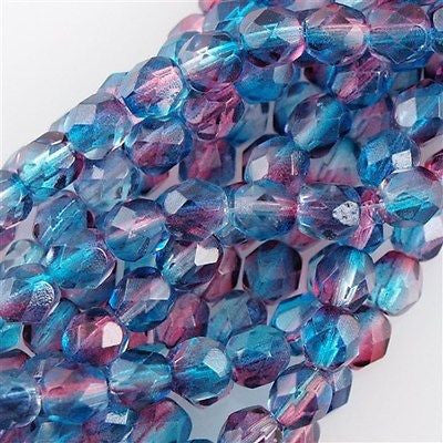 50 Czech Fire Polished 8mm Round Bead Dual Coated Aqua Fuchsia (48013)