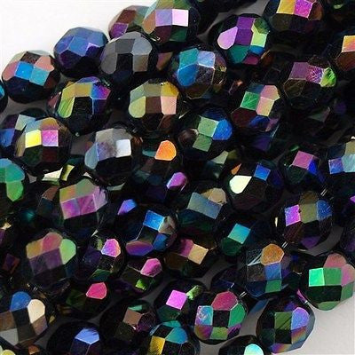 100 Czech Fire Polished 4mm Round Bead Jet Double Sided AB (23980XX)