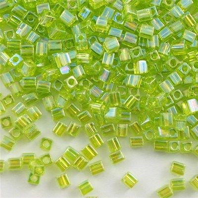 Miyuki 4mm Cube Seed Bead Transparent Lime AB 10g (258)