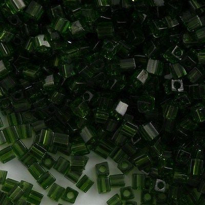 Miyuki 3mm Cube Seed Bead Transparent Olive 10g (158)