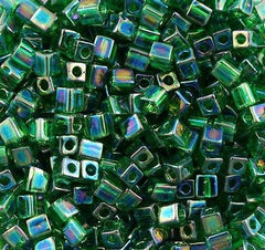 Miyuki 4mm Cube Seed Bead Transparent Green AB 19g Tube (179)