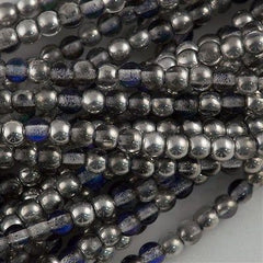 200 Czech 4mm Pressed Glass Round Beads Silver Blue Crystal (28003)