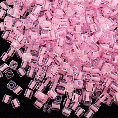Miyuki 4mm Cube Seed Bead Inside Color Lined Pink 10g (207)