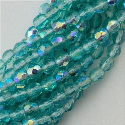 100 Czech Fire Polished 3mm Round Bead Light Teal AB (60210X)