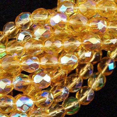 50 Czech Fire Polished 8mm Round Bead Light Topaz AB (10020X)