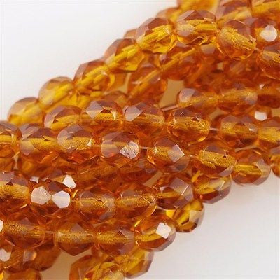 50 Czech Fire Polished 8mm Round Bead Dark Topaz (10090)