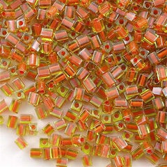 Miyuki 4mm Cube Seed Bead Green Inside Color Lined Pumpkin 19g Tube (2630)