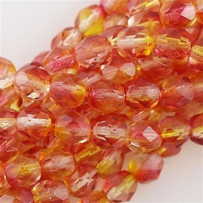 50 Czech Fire Polished 8mm Round Bead Dual Coated Fuchsia Lemon (48001)