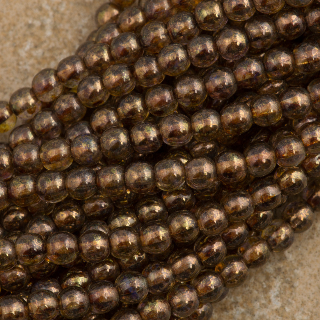 200 Czech 4mm Pressed Glass Round Beads Transparent Topaz Gold Luster (15695)