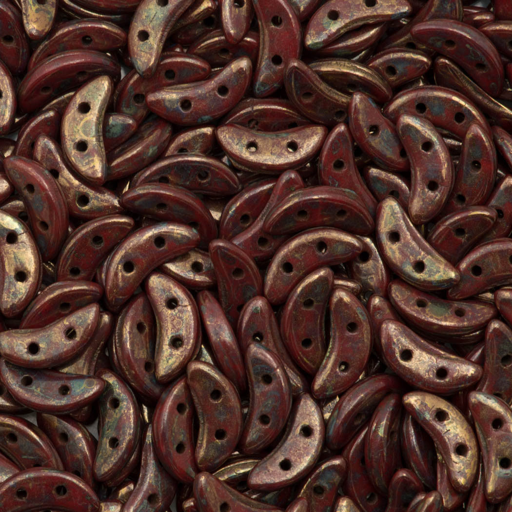 CzechMates 3x10mm Two Hole Crescent Opaque Red Bronze Picasso Beads 15g (93200BT)