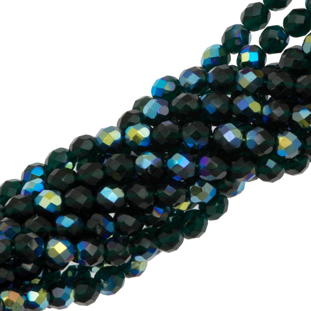 50 Czech Fire Polished 8mm Round Bead Emerald AB (50730X)