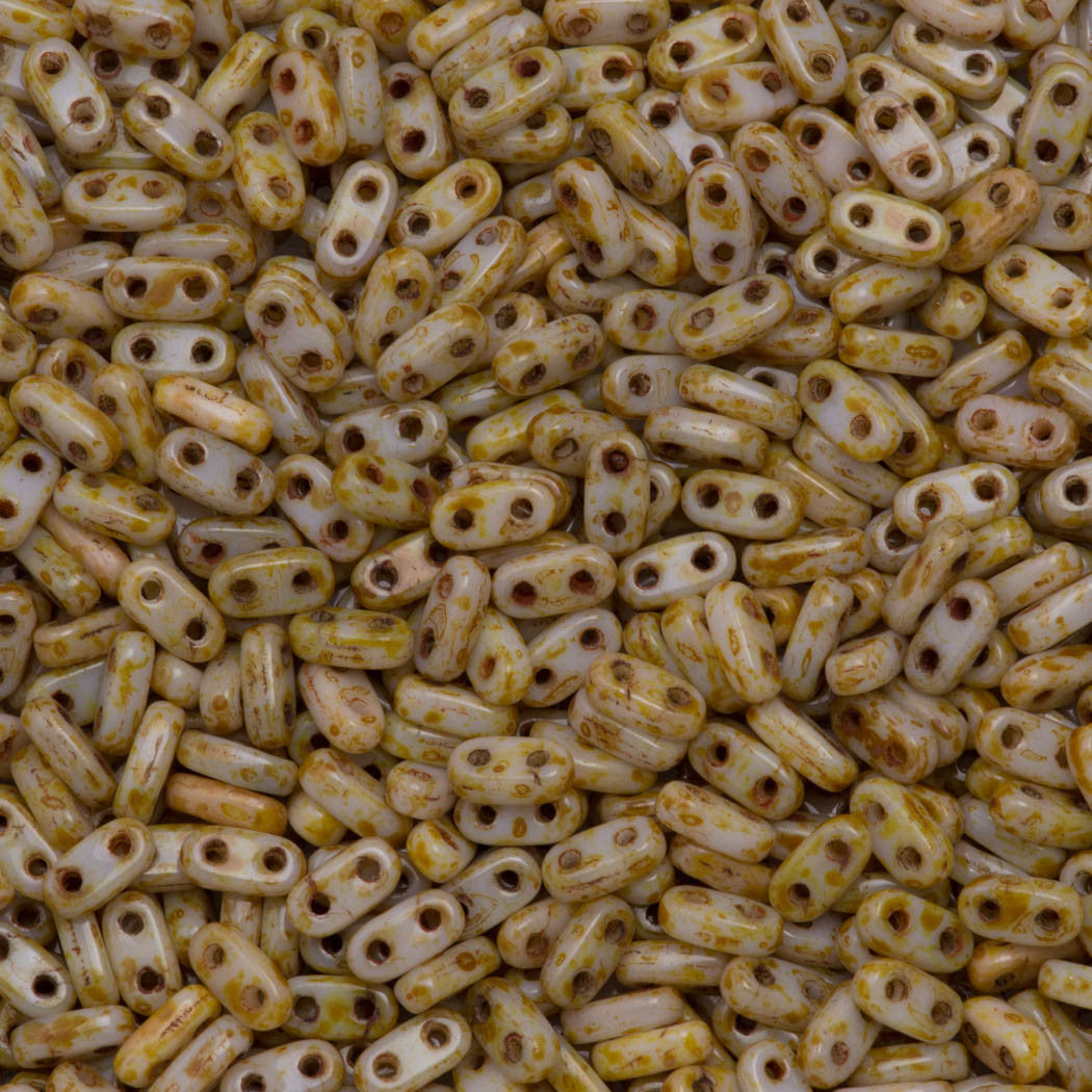 CzechMates 2x6mm Two Hole Bar Opaque White Picasso Beads 15g (03000T)