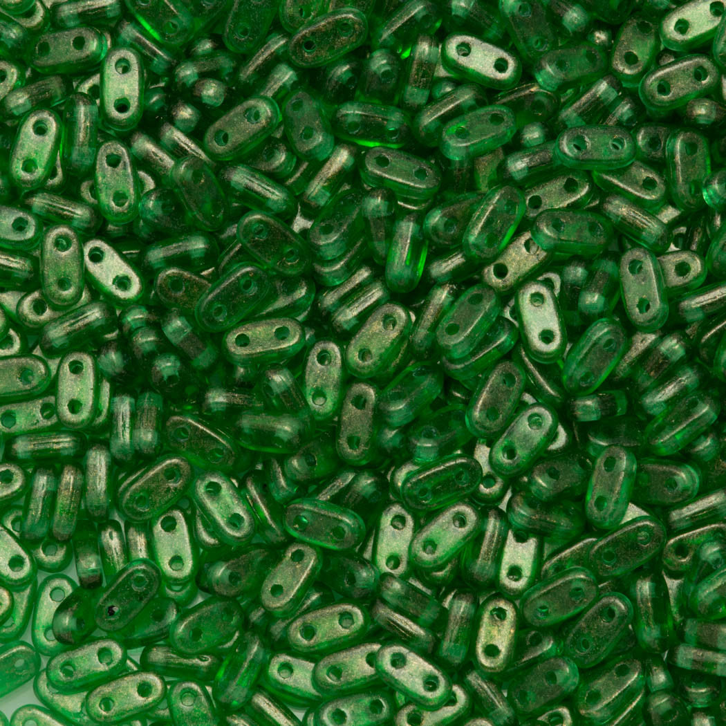 CzechMates 2x6mm Two Hole Bar Gold Marbled Green Emerald Beads 15g (50140GM)