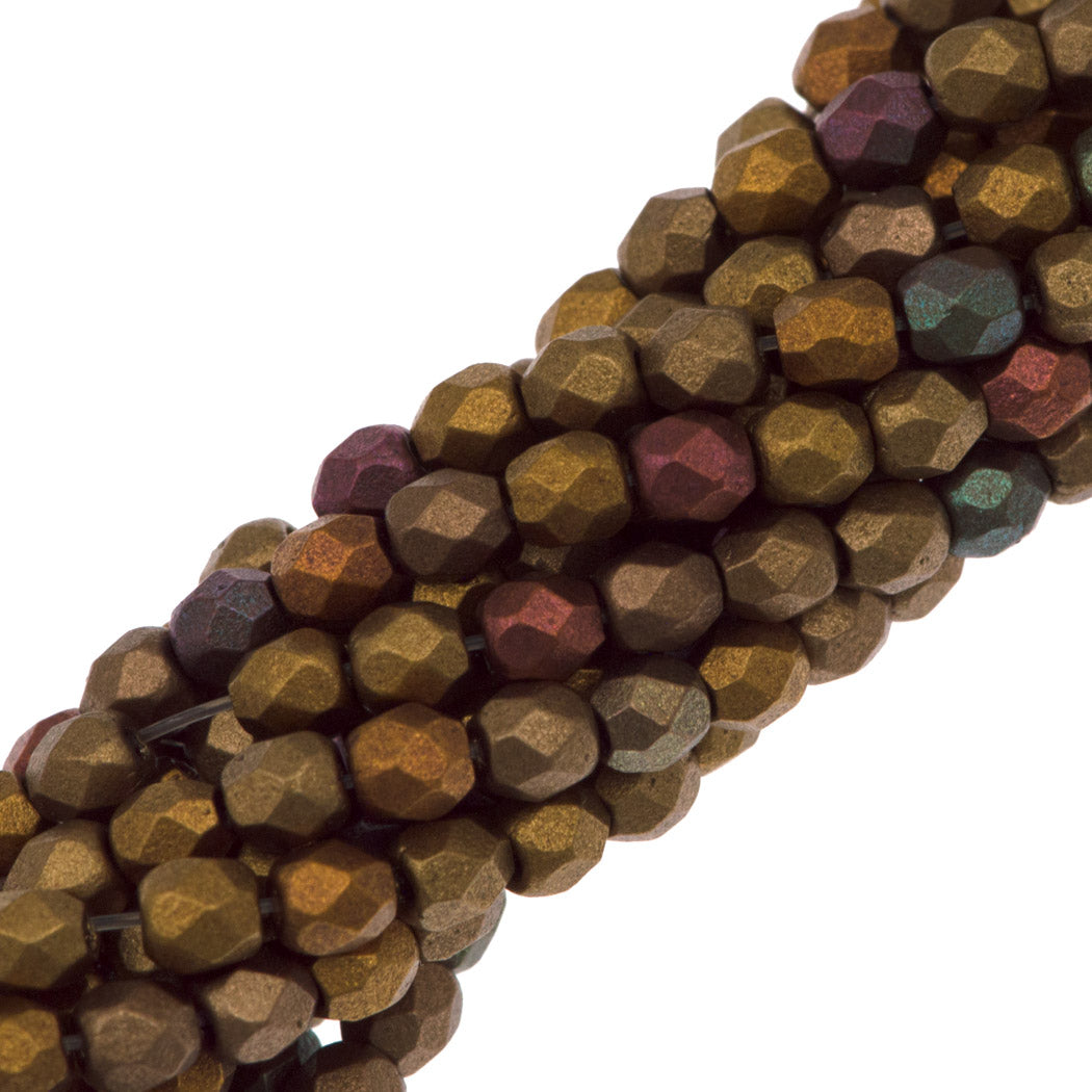 100 Czech Fire Polished 3mm Round Bead Matte Metallic Copper Iris (01620K)