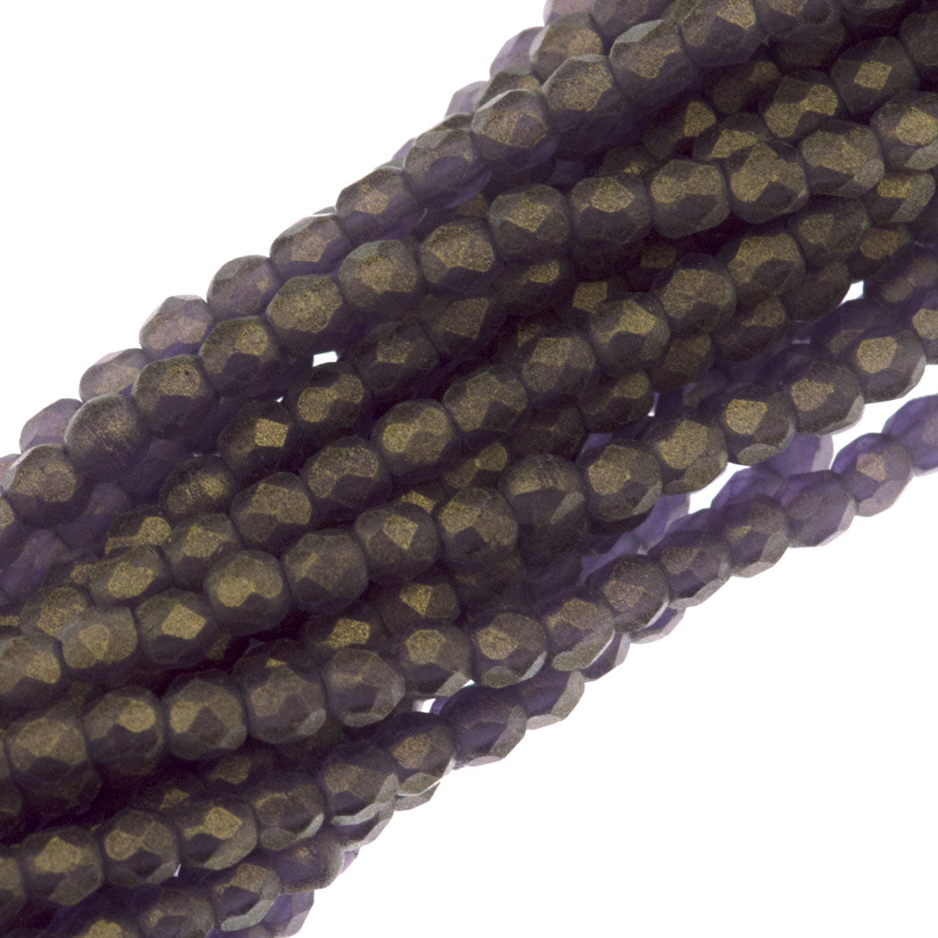 100 Czech Fire Polished 2mm Round Bead Gold Suede Tanzanite (20510MSG)