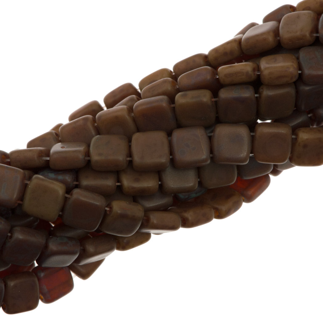 50 CzechMates 6mm Two Hole Tile Beads Brown Caramel Picasso (12010T)