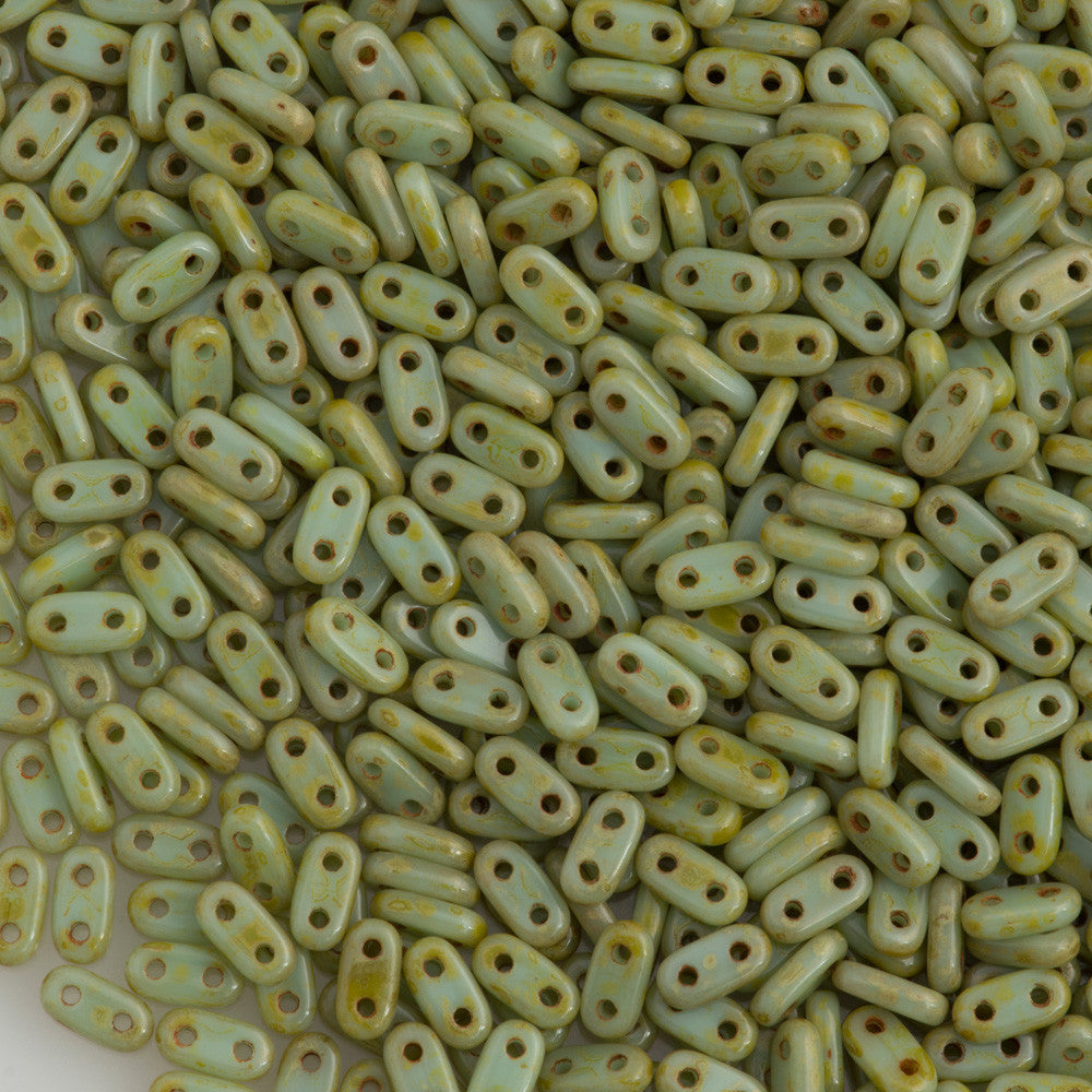 CzechMates 2x6mm Two Hole Bar Opaque Pale Turquoise Picasso Beads 15g (63100T)