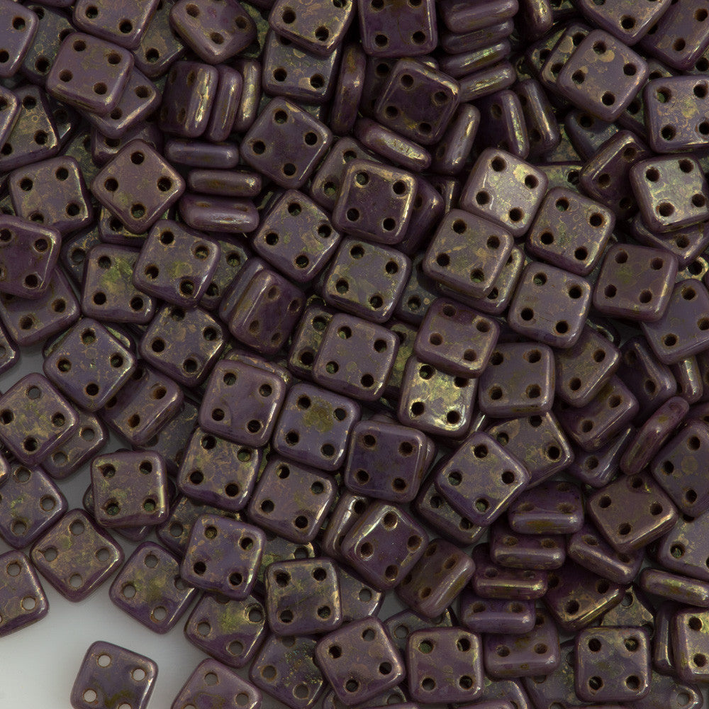 CzechMates 6mm Four Hole Quadratile Opaque Purple Bronze Picasso Beads 15g (23030BT)