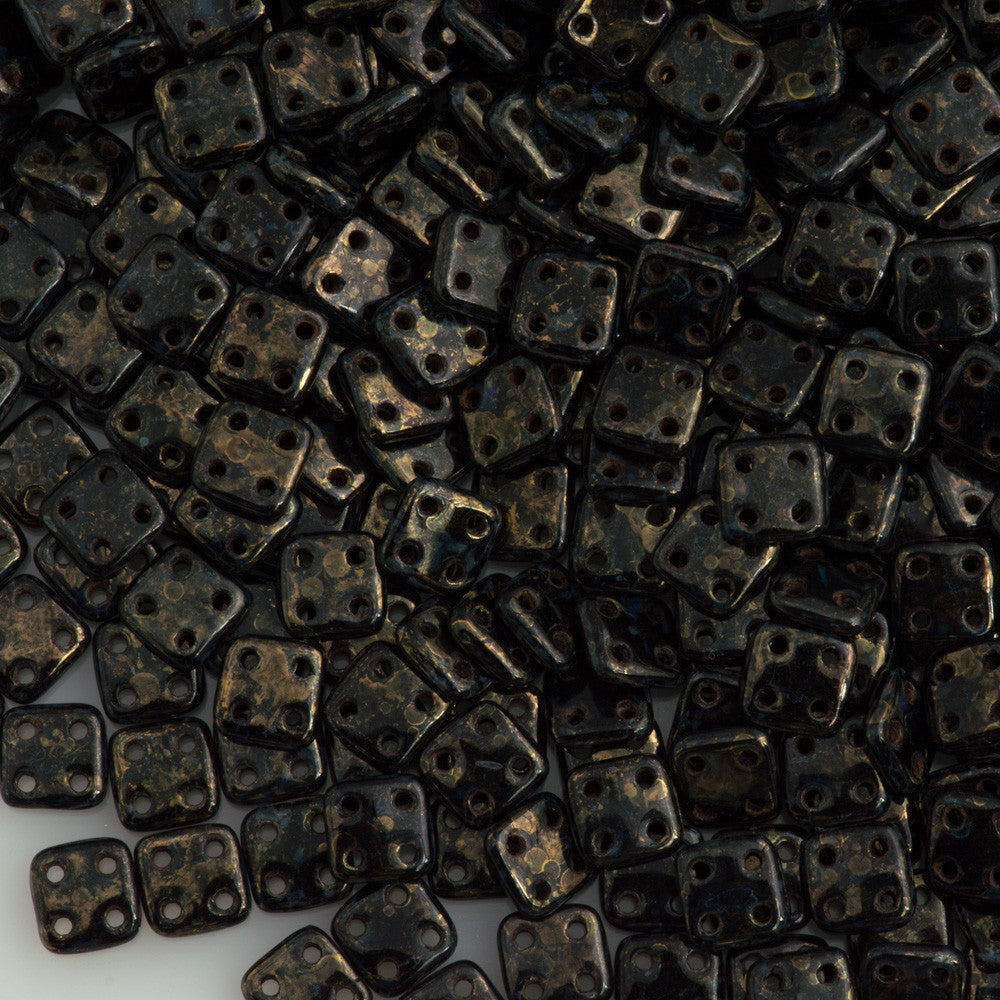 CzechMates 6mm Four Hole Quadratile Jet Bronze Picasso Beads 15g (23980BT)
