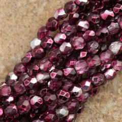 100 Czech Fire Polished 2mm Round Bead Cranberry Mirror (15226)