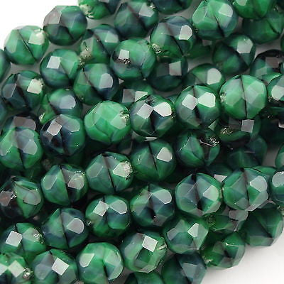 50 Czech Fire Polished 8mm Round Bead Green with Black (26507)