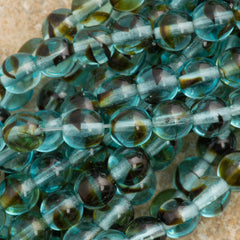 100 Czech 6mm Pressed Glass Round Teal Tortoise Beads (68116)