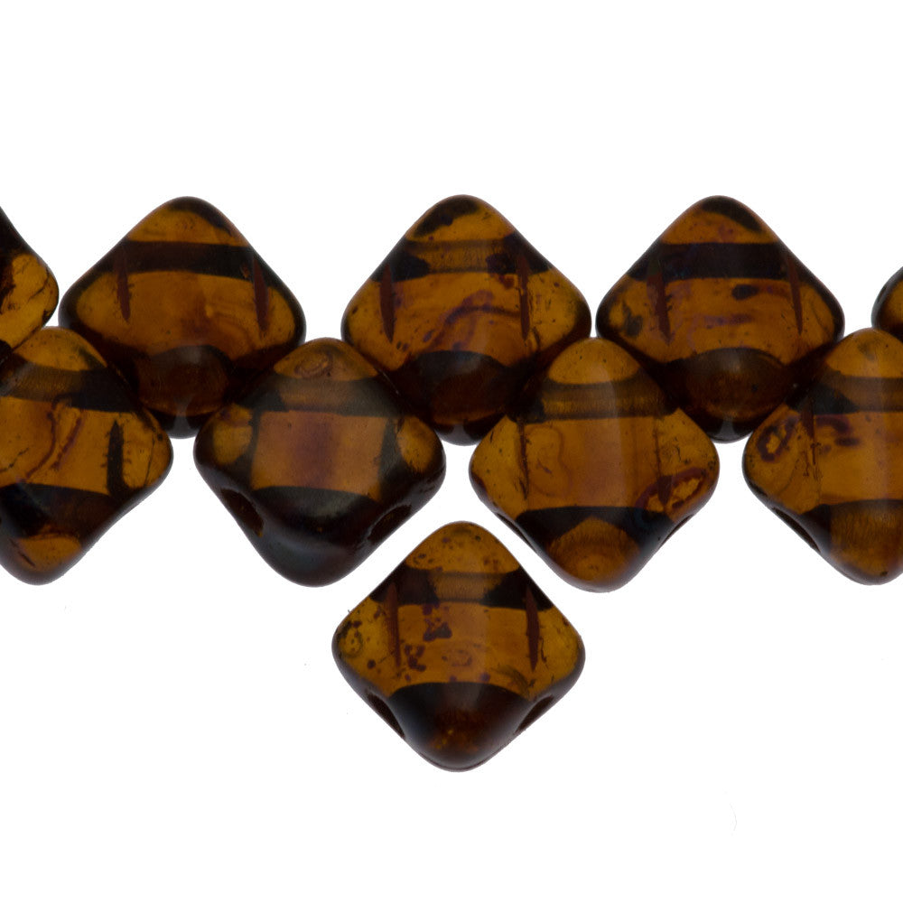 Czech Glass 6mm Two Hole Silky Beads Dark Topaz Picasso