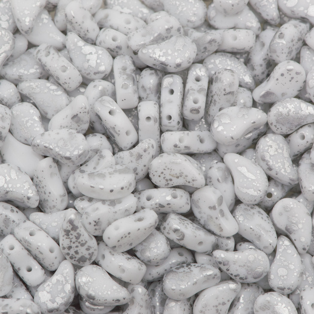 Paisley Duo 8x5mm Two Hole Bead Silver Splash White 21g Tube (15481)