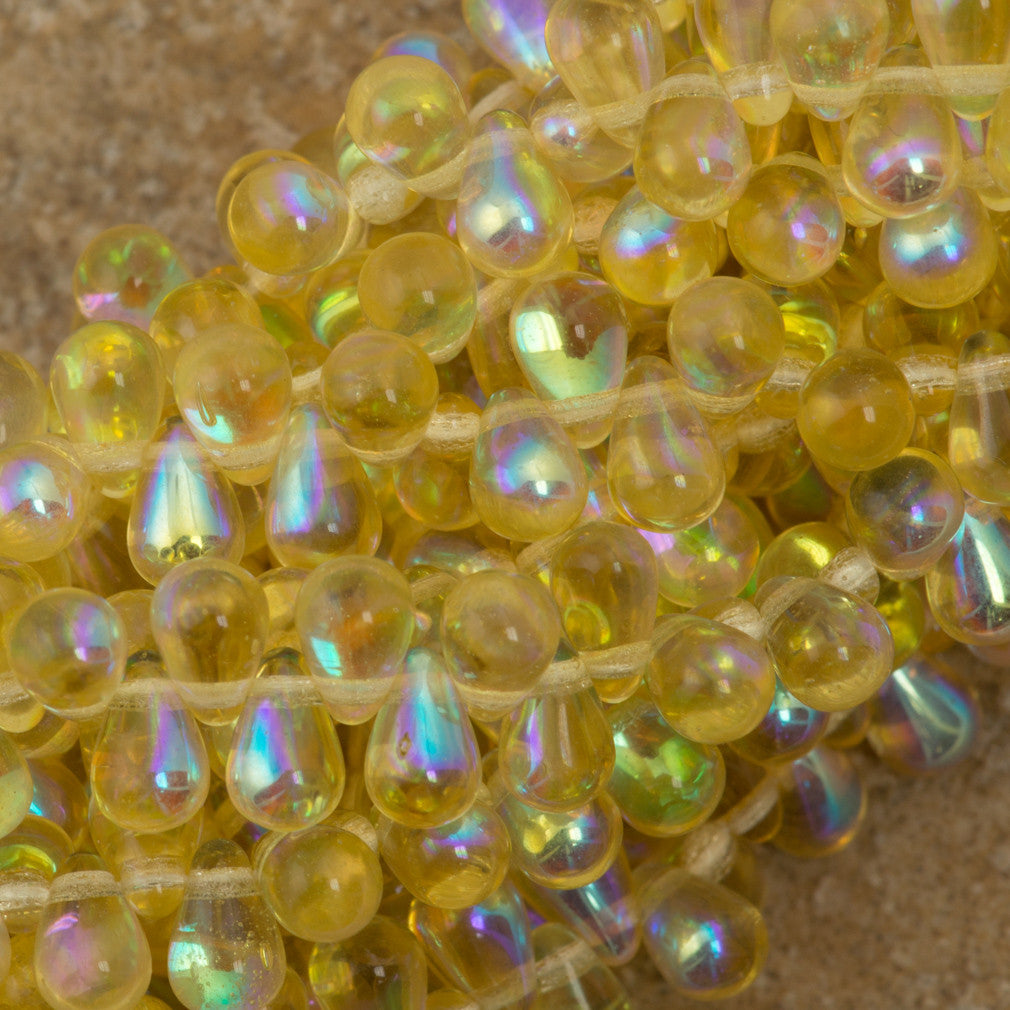 90 Czech 6x4mm Tear Drop Light Topaz AB Beads (10020X)