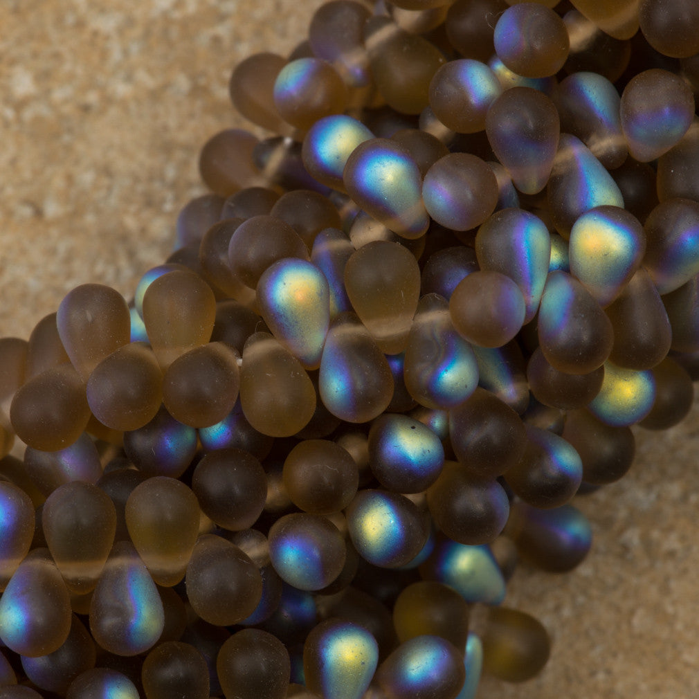 90 Czech 6x4mm Tear Drop Matte Smoky Topaz AB Beads (10230MX)