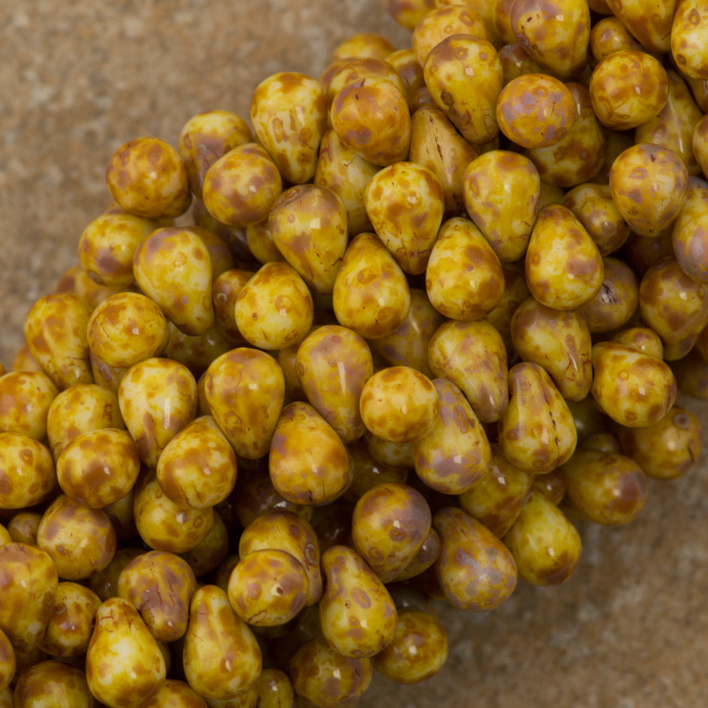 90 Czech 6x4mm Tear Drop Opaque Beige Picasso Beads (13010T)