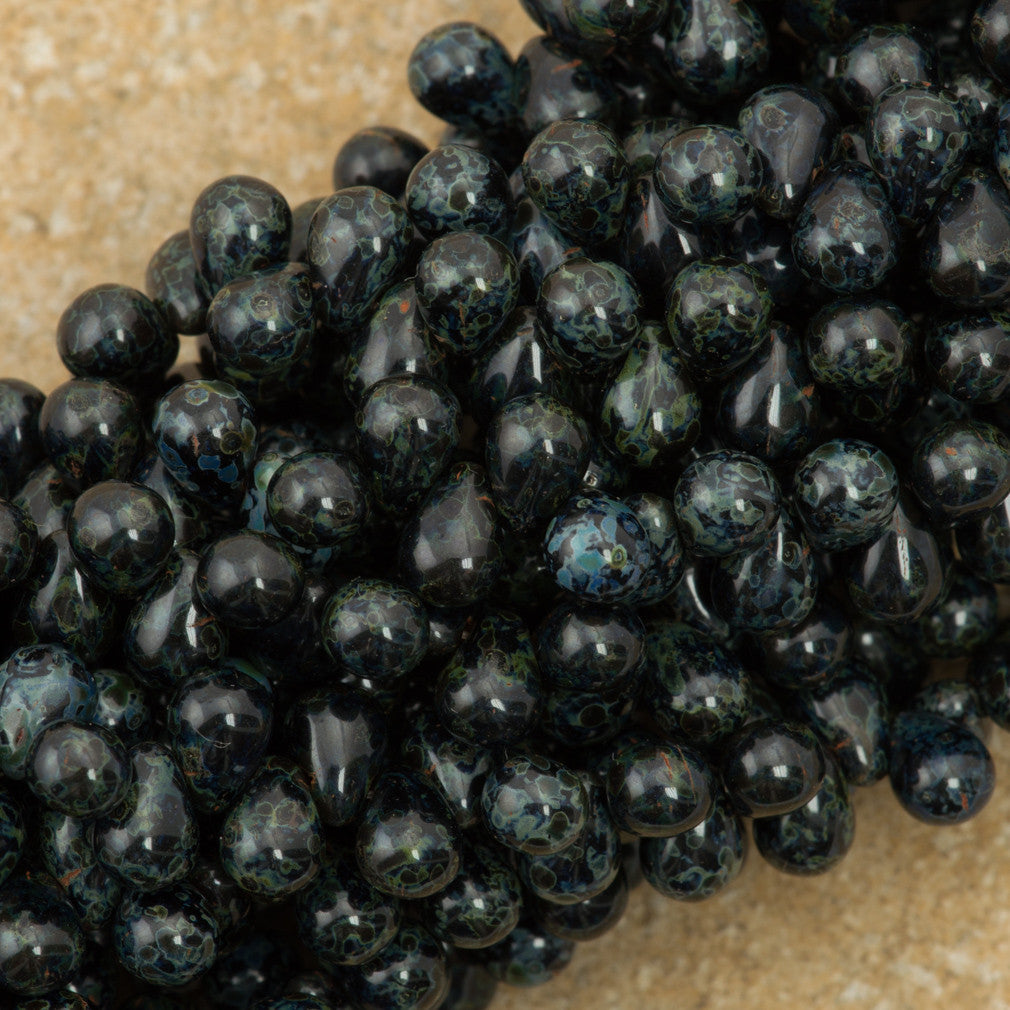 90 Czech 6x4mm Tear Drop Jet Picasso Beads (23980T)