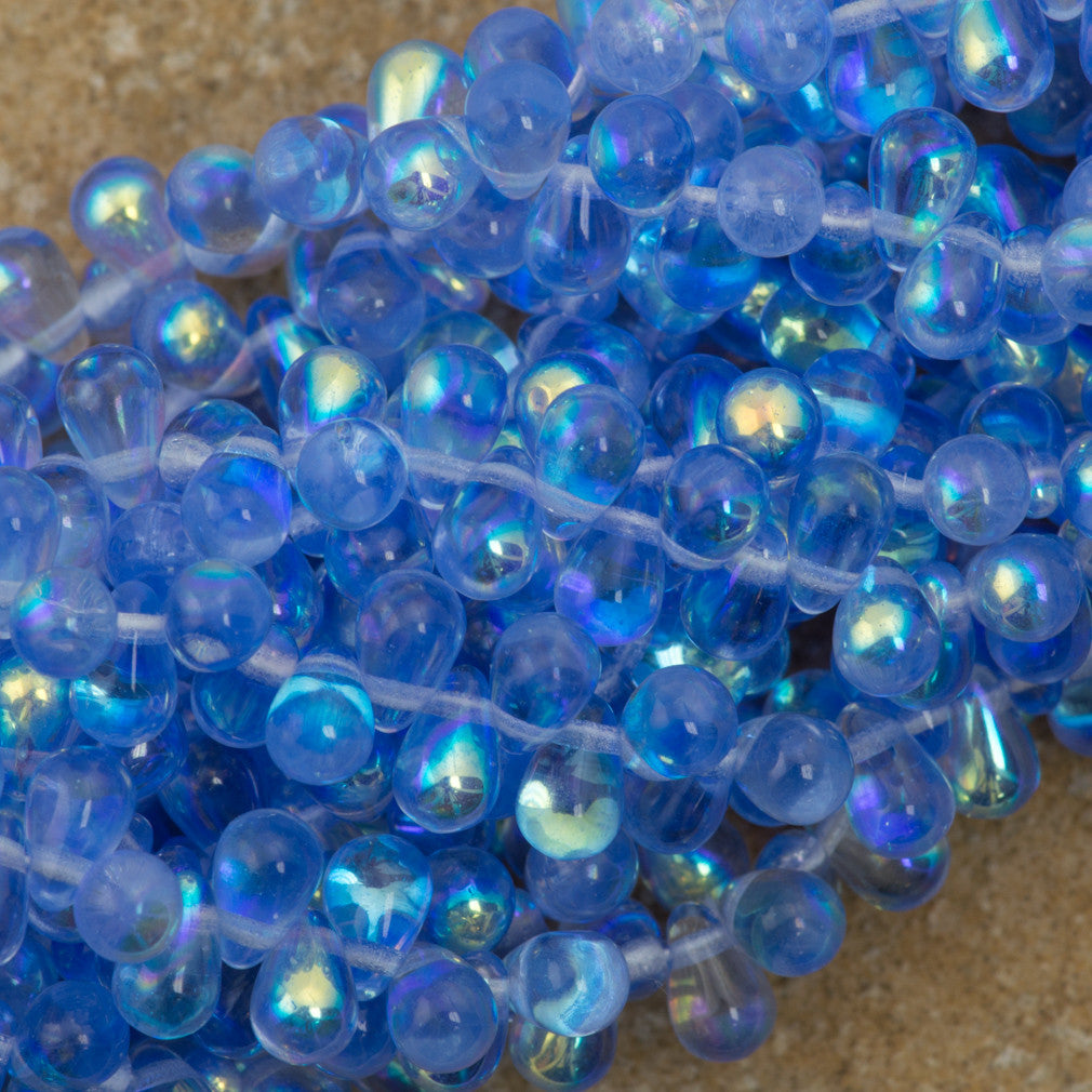 90 Czech 6x4mm Tear Drop Medium Sapphire AB Beads (30030X)