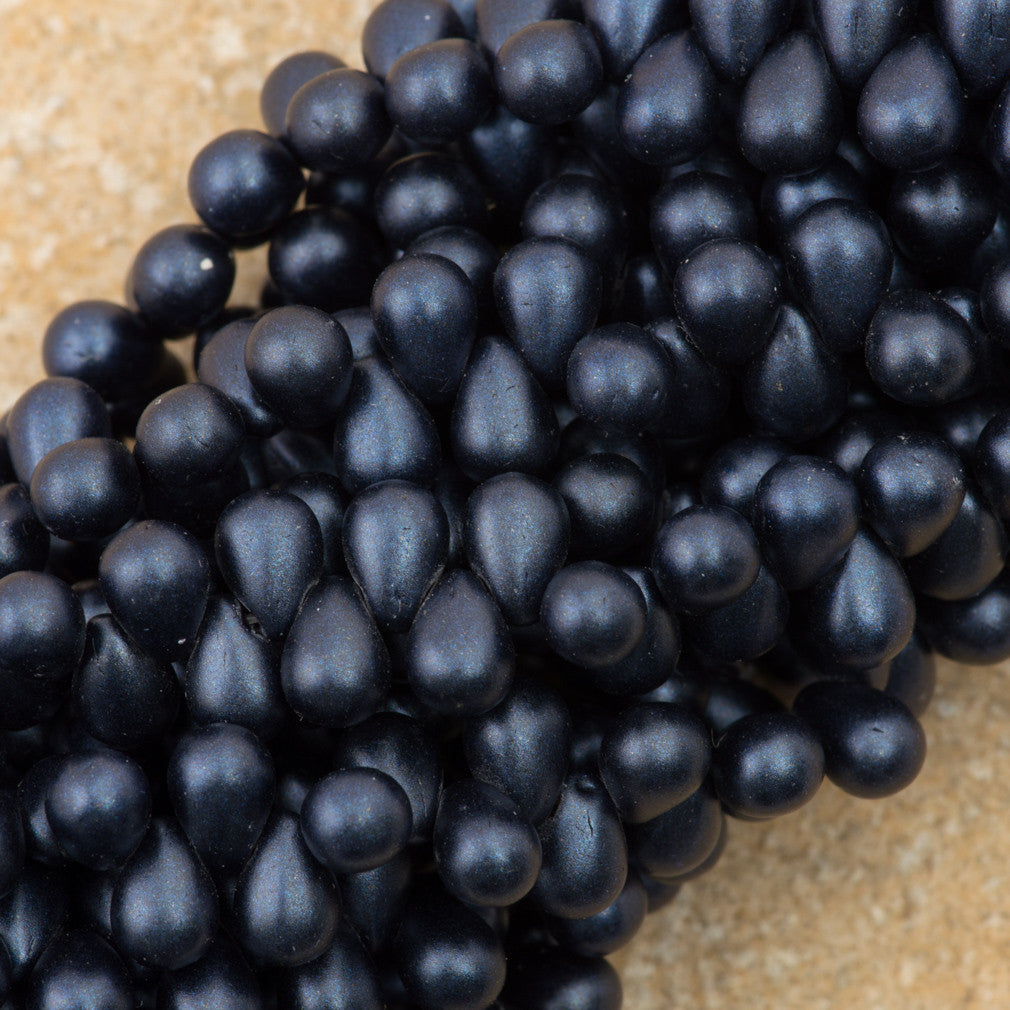 90 Czech 6x4mm Tear Drop Metallic Suede Dark Blue Beads (79032)