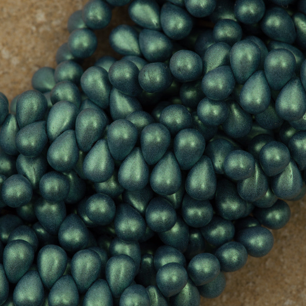 90 Czech 6x4mm Tear Drop Metallic Suede Light Green Beads (79051)